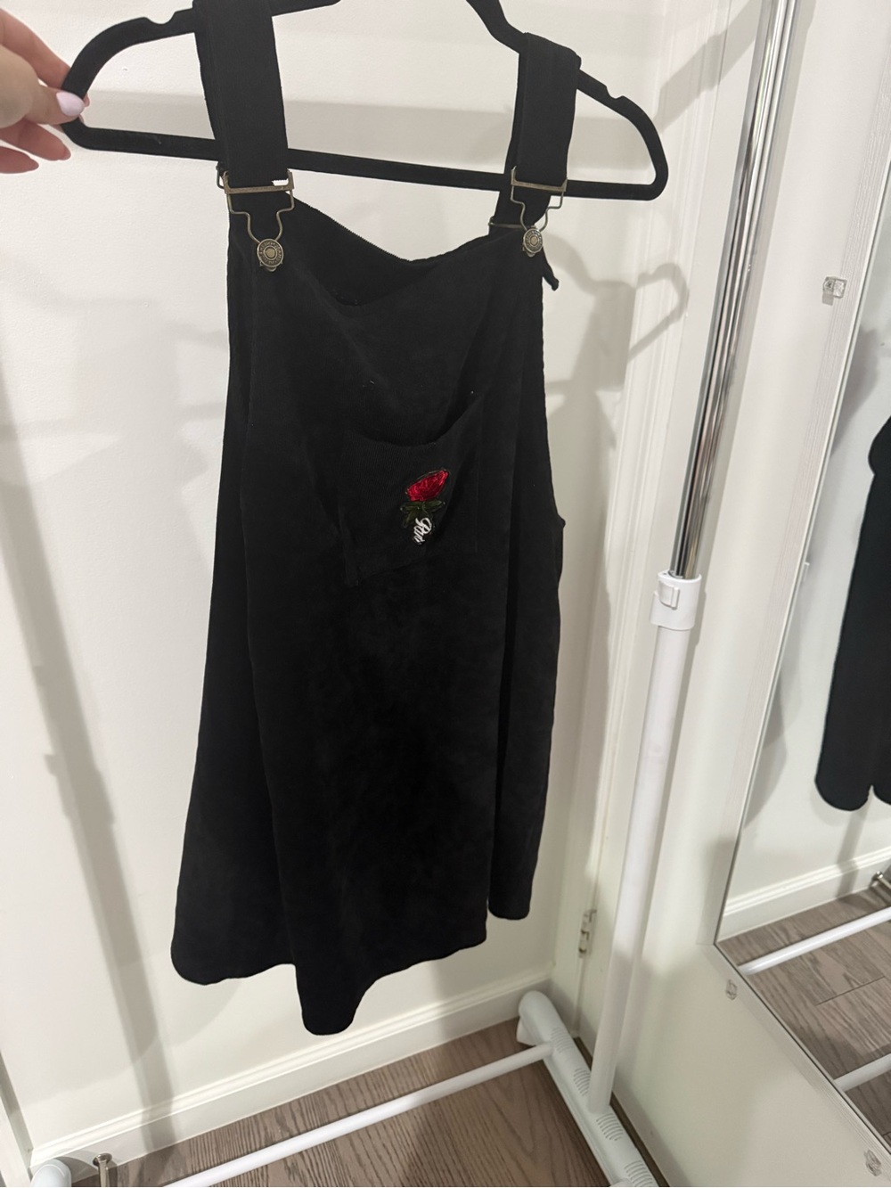SHEIN Black Pinafore Skirt with Red Rose Embroidery